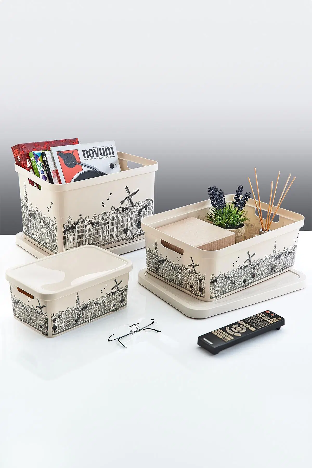 Smartware 3'Lü Set Stafi Desenli Kapaklı Kutu Amsterdam (4,5-12-18 LT)